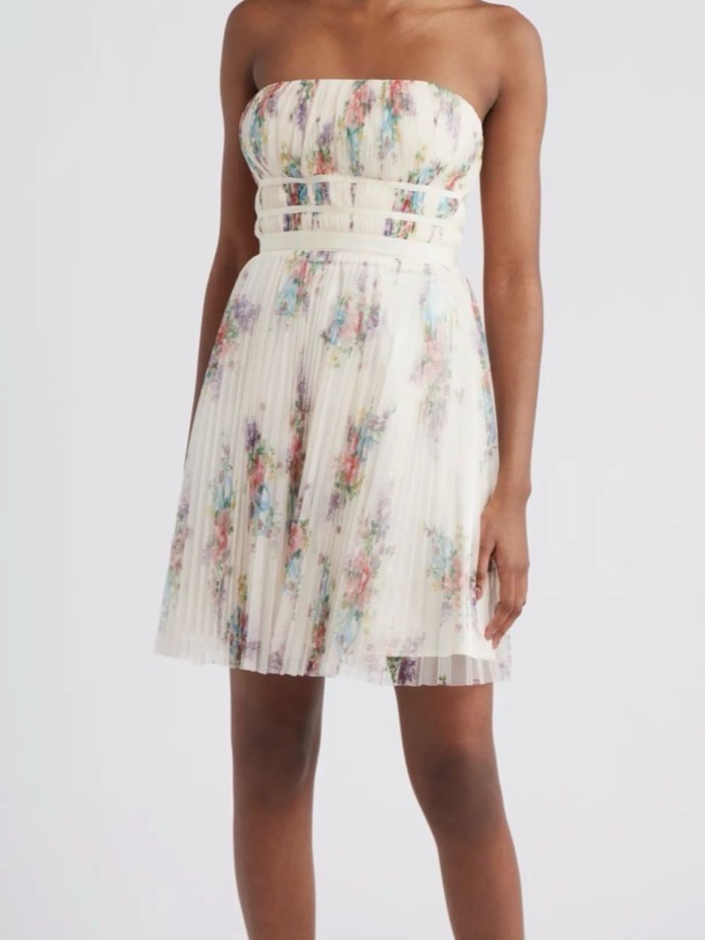 Lulus Calais Pleated Strapless Cocktail Minidress Ivory Floral Size Medium dress